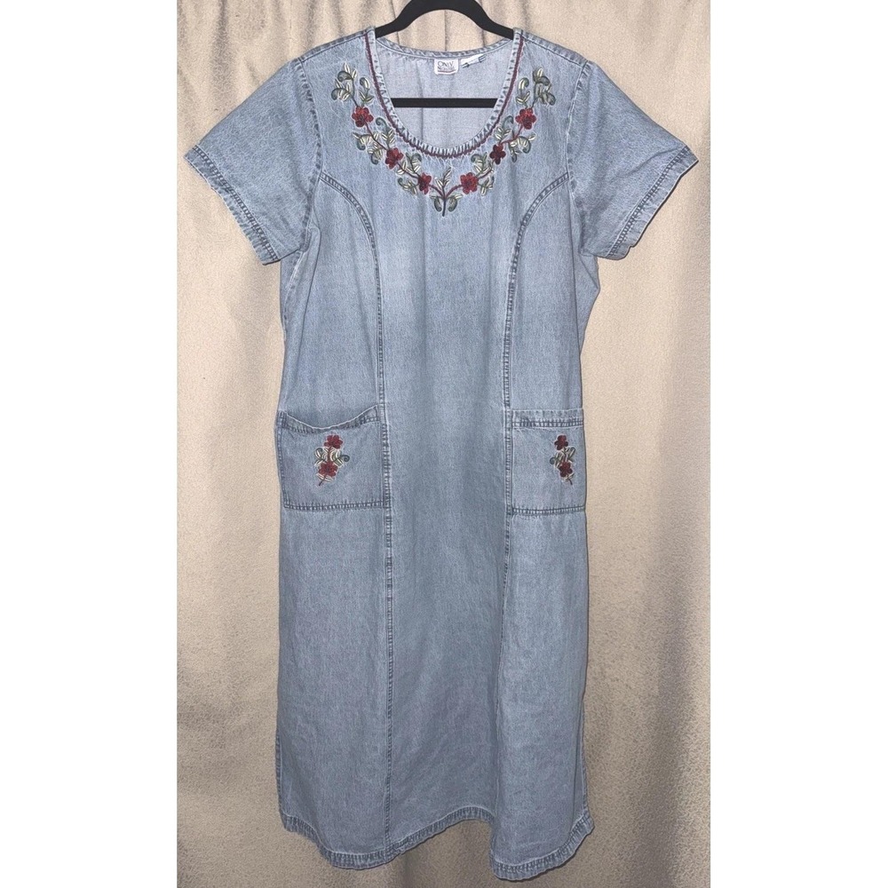 Only Necessities Granny Core Cottage Core Denim Floral Embroidered Maxi Dress